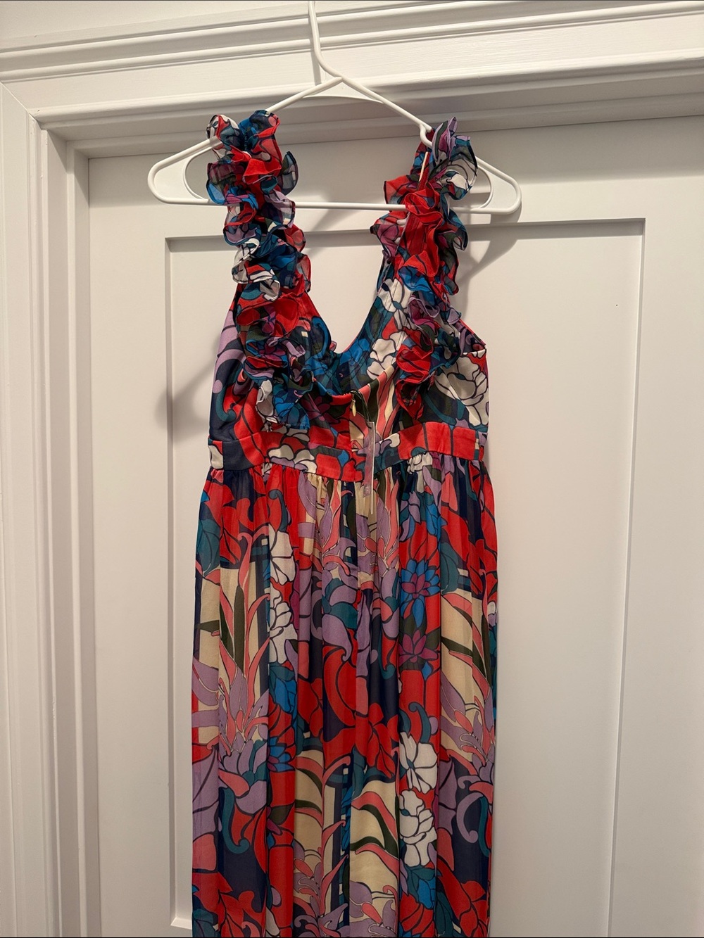 Tuckernuck Red Blue Purple Floral Ruffle-Shoulder Maxi Dress